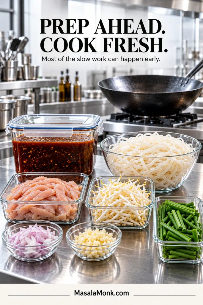 Prepared Pad Thai ingredients in clear containers beside an empty wok, including sauce, soaked rice noodles, sliced raw chicken, mung bean sprouts, garlic chives, sliced shallot and chopped garlic.
