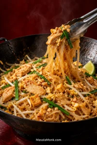 Chicken Pad Thai in a black wok with glossy brown-gold flat rice noodles lifted by metal tongs, with sliced chicken, egg, tofu, mung bean sprouts, garlic chives, crushed peanuts and lime.