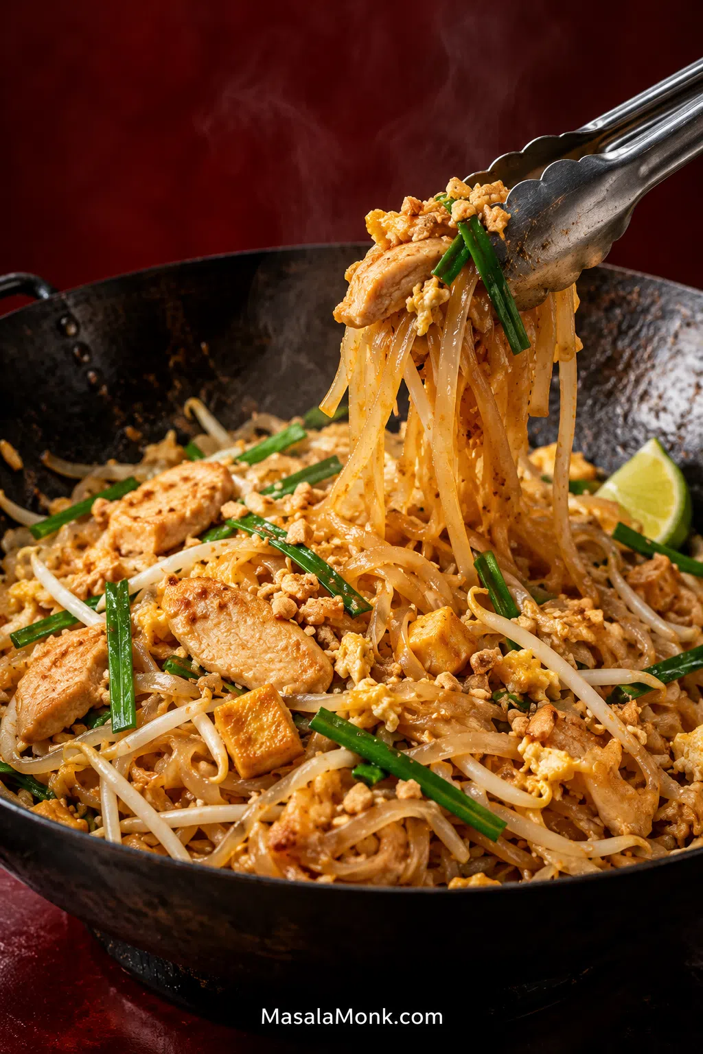 Chicken Pad Thai in a black wok with glossy brown-gold flat rice noodles lifted by metal tongs, with sliced chicken, egg, tofu, mung bean sprouts, garlic chives, crushed peanuts and lime.