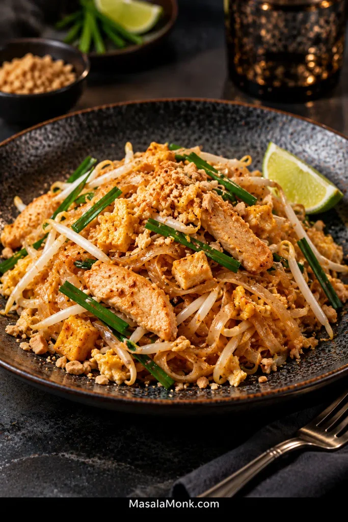 Finished chicken Pad Thai on a dark ceramic plate with brown-gold rice noodles, sliced chicken, tofu, egg, mung bean sprouts, garlic chives, crushed peanuts and a lime wedge.