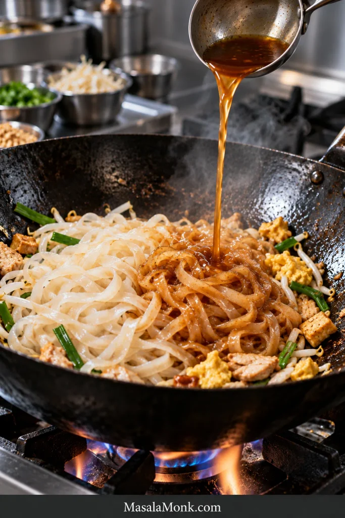 Brown Pad Thai sauce being poured over pale and brown-gold rice noodles in a black wok with chicken, egg, tofu, mung bean sprouts and garlic chives.