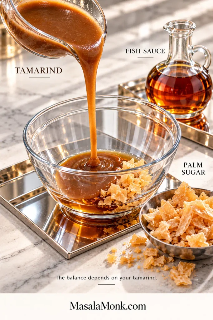Pourable brown tamarind, amber fish sauce and irregular golden pieces of palm sugar arranged around a clear mixing bowl.