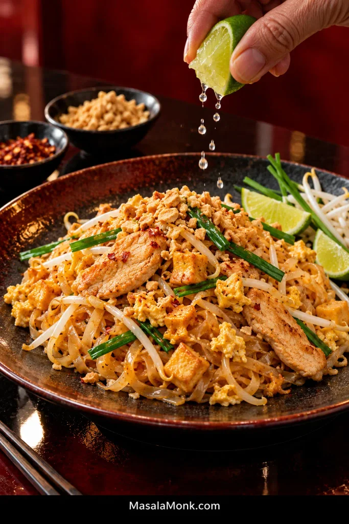 Hand squeezing a lime wedge over a plate of chicken Pad Thai with rice noodles, sliced chicken, tofu, egg, mung bean sprouts, garlic chives and crushed peanuts.