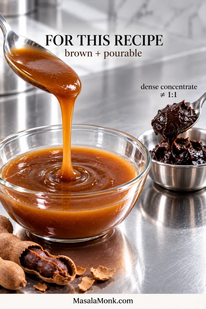 Side-by-side tamarind comparison showing loose brown cooking tamarind flowing from a spoon and very dark dense tamarind concentrate holding as a sticky mound.