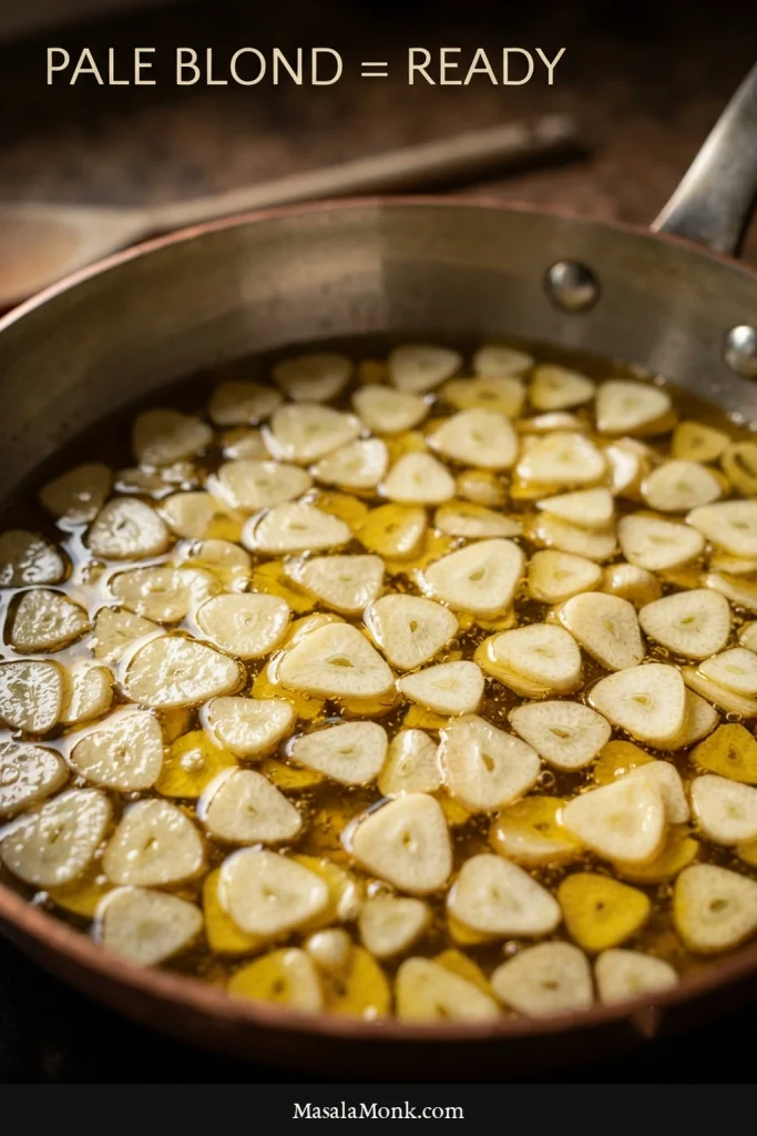 Macro close-up of thin sliced garlic in olive oil at a pale straw to light-blond stage, with translucent centers and lightly golden edges.