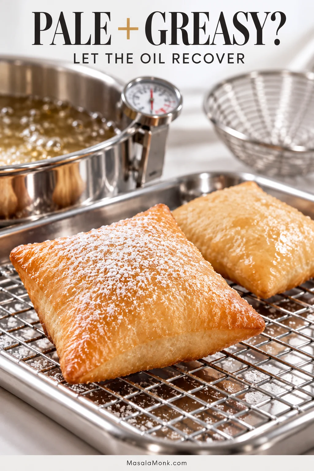 Two fried beignets on a wire rack, one golden and well puffed and the other paler and shinier, with a pot of frying oil and thermometer behind them. Text reads “Pale + Greasy?” and “Let the Oil Recover.”