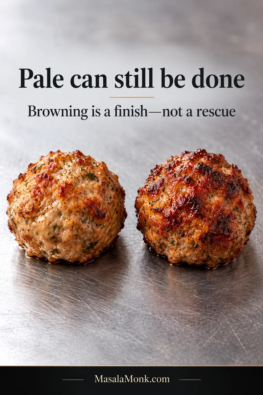 Two unsauced baked meatballs on a light metal surface, one pale golden-brown and one more deeply browned, with text explaining that pale meatballs can still be done.