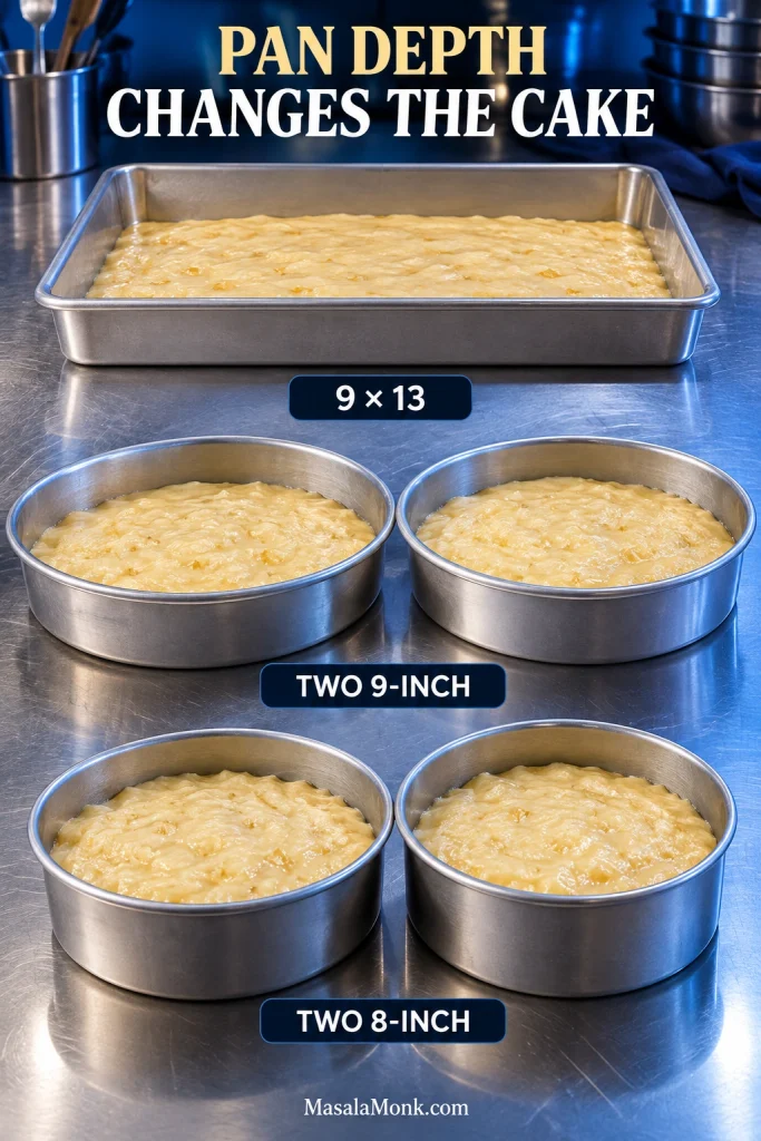 Pineapple cake batter in a 9×13 pan, two 9-inch round pans and two smaller 8-inch pans showing increasing batter depth.