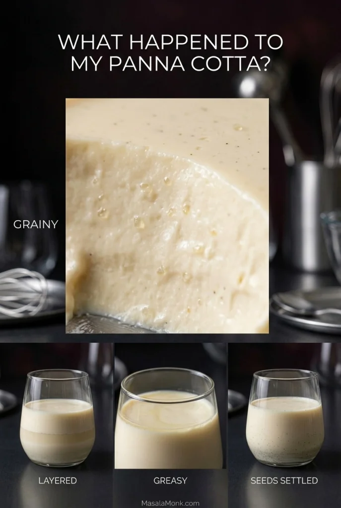 Four panna cotta examples showing grainy texture, separated layers, a greasy ring and vanilla seeds settled at the bottom.