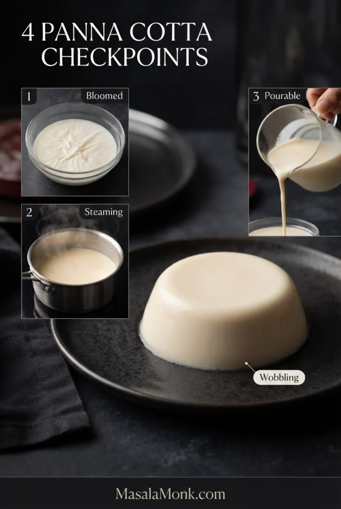 Four-panel panna cotta guide showing bloomed gelatin, steaming dairy, cooled pourable base and a finished set dessert.