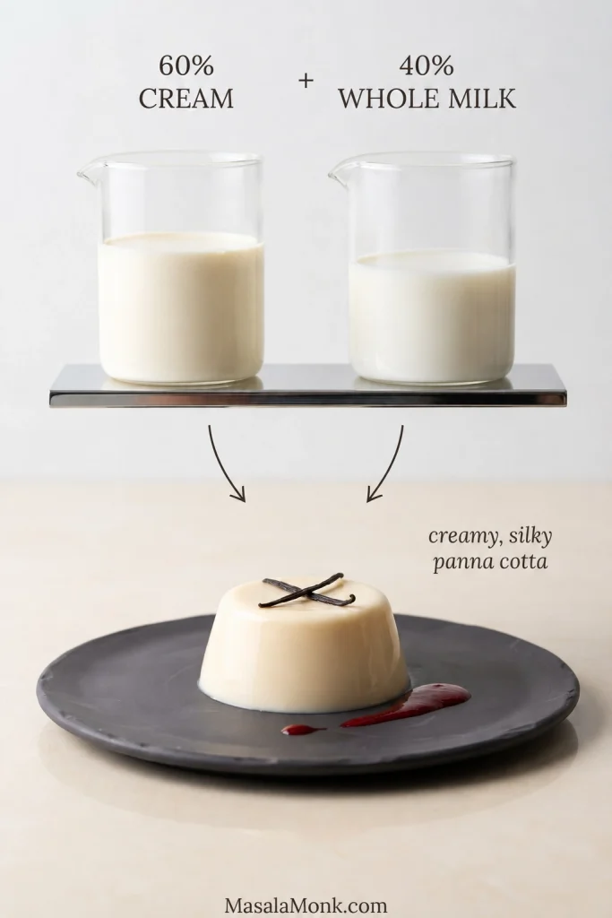 Two clear beakers labeled 60 percent cream and 40 percent whole milk, with arrows pointing to a finished panna cotta.