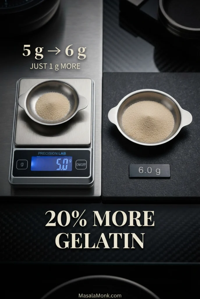Precision scale comparison showing 5 g and 6 g portions of powdered gelatin with a 20 percent increase noted.