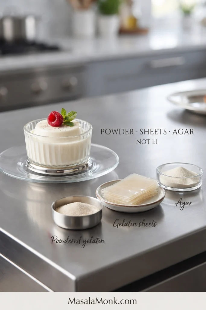 Powdered gelatin, gelatin sheets and agar powder beside panna cotta, labeled as not one-to-one substitutes.