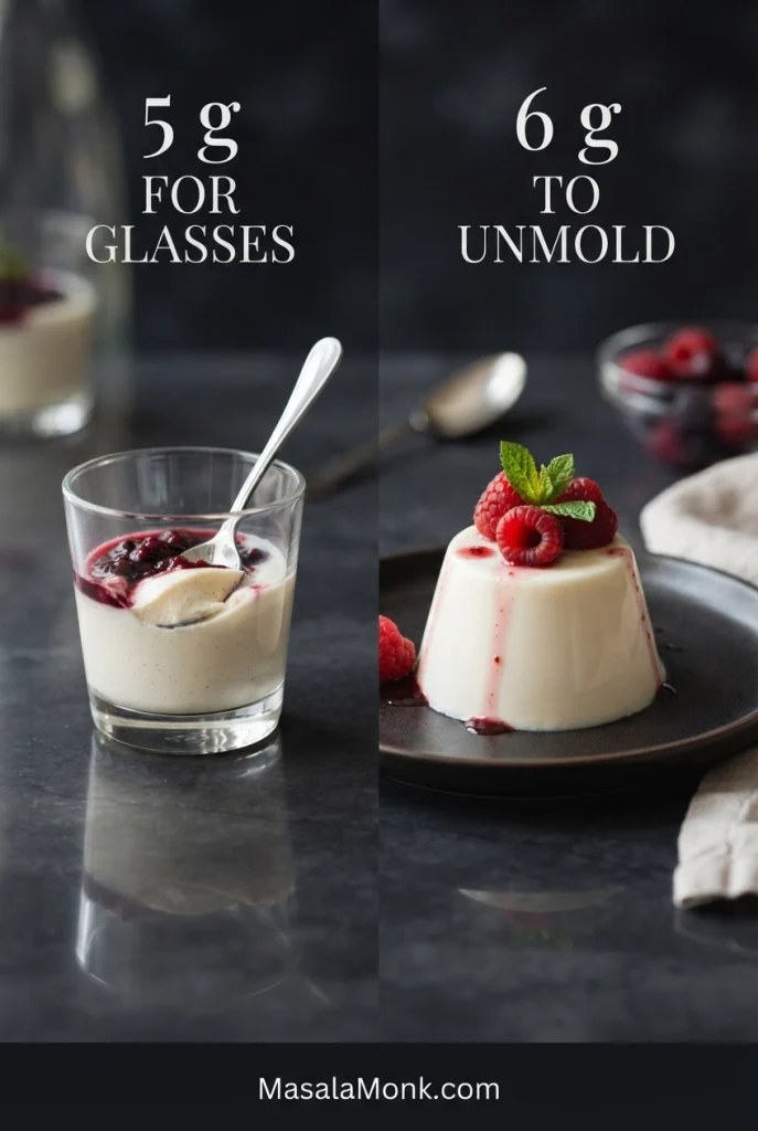 Side-by-side panna cotta: a softer portion in a glass and a firmer unmolded portion on a plate, labeled 5 g and 6 g gelatin.