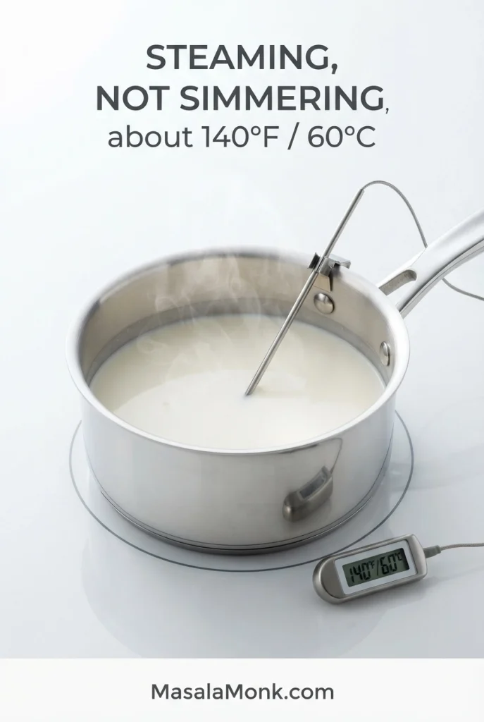 Saucepan of cream-and-milk mixture giving off light steam beside a thermometer reading about 140°F / 60°C.