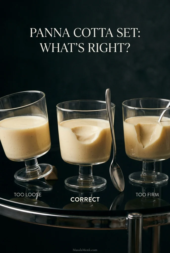 Three panna cotta glasses comparing too loose, correct and too firm sets with different spoon marks.