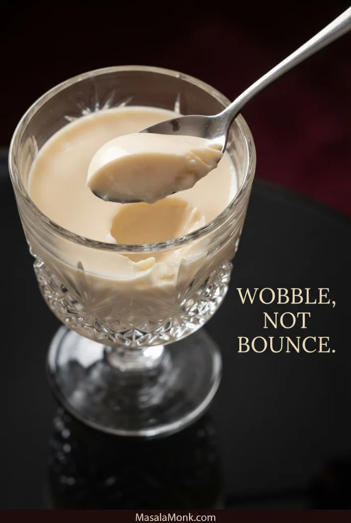 Spoon lifting a soft scoop from panna cotta in a clear glass, leaving a smooth rounded cavity.