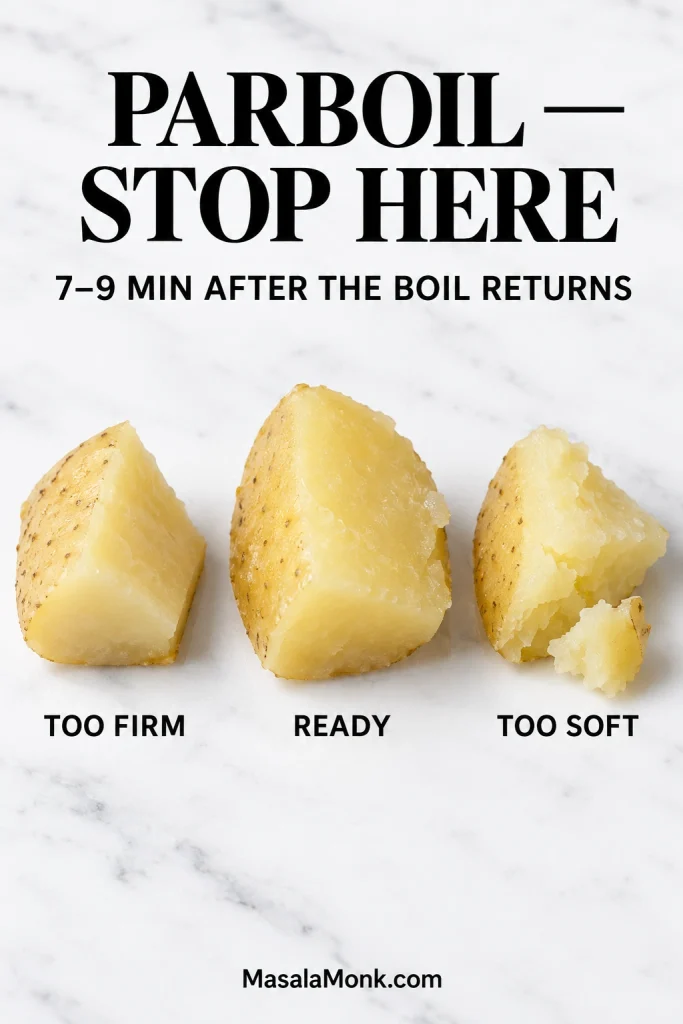 Three parboiled Yukon Gold potato chunks showing a firm smooth stage, the ready softened stage, and an over-softened chunk beginning to crumble.