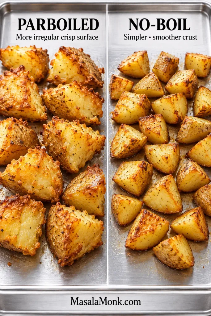 Side-by-side roasted Yukon Gold potatoes comparing larger rougher parboiled chunks with smaller smoother no-boil chunks.