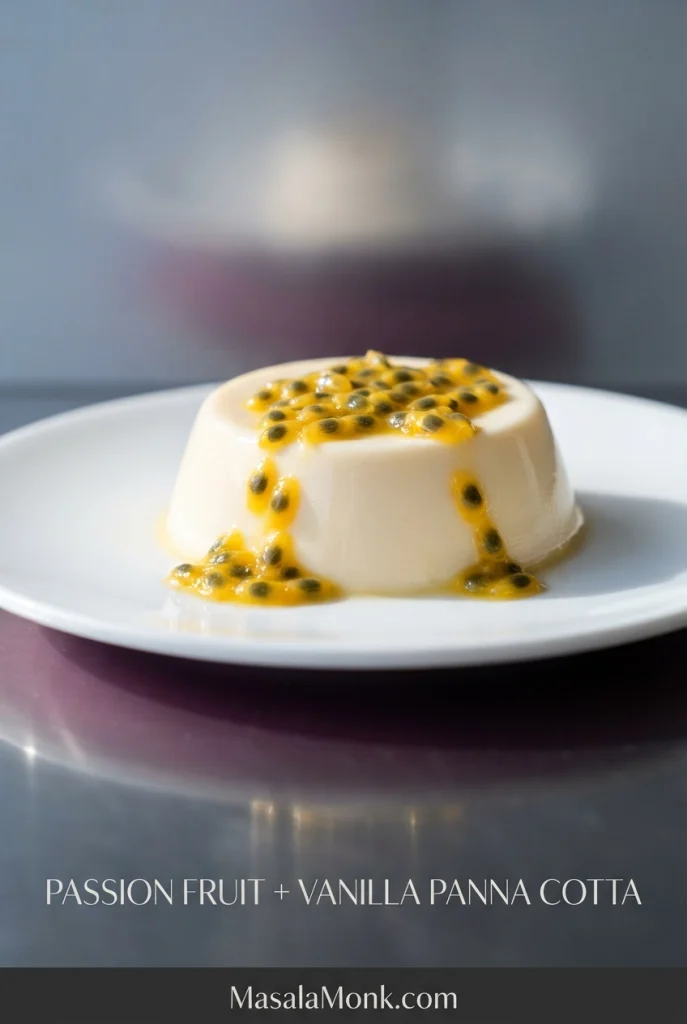 Vanilla panna cotta topped with golden passion fruit pulp and black passion fruit seeds on a white plate.