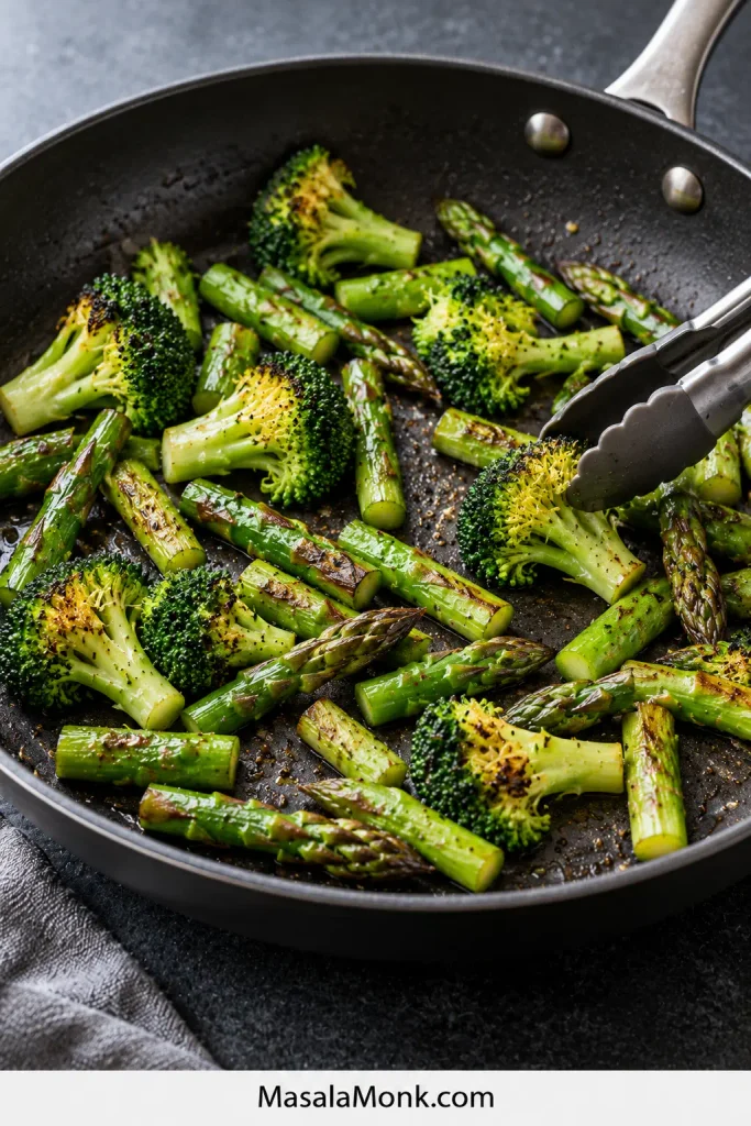 Small broccoli florets and short asparagus pieces browning with open space around them in a dark skillet as metal tongs turn one piece.