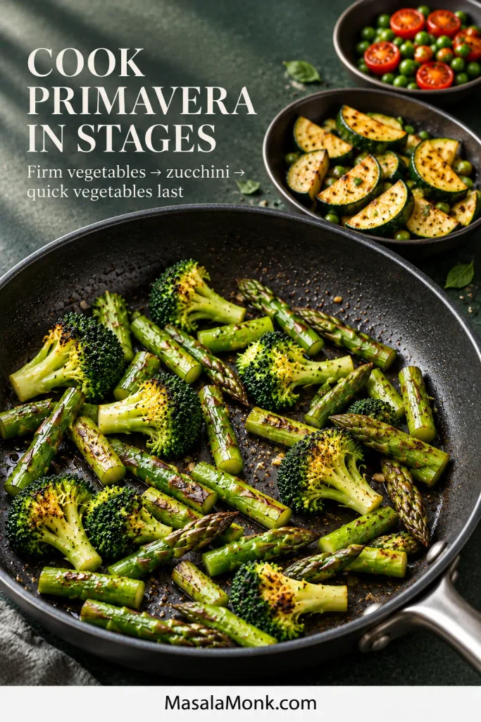 Dark skillet of broccoli and short asparagus pieces with separate zucchini and pea-and-tomato groups showing staged vegetable cooking for Pasta Primavera.
