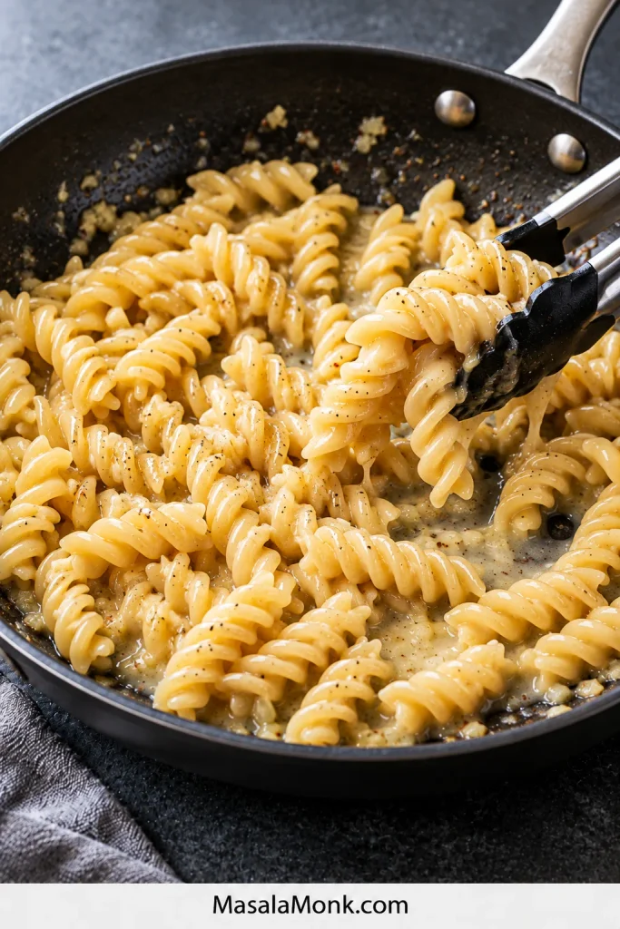 Fusilli being tossed in a loose glossy cream sauce in a dark skillet before the vegetables are returned.