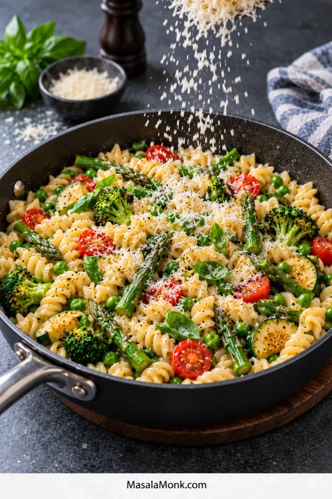 Finely grated Parmesan falling over finished fusilli Pasta Primavera in a skillet resting away from direct heat.