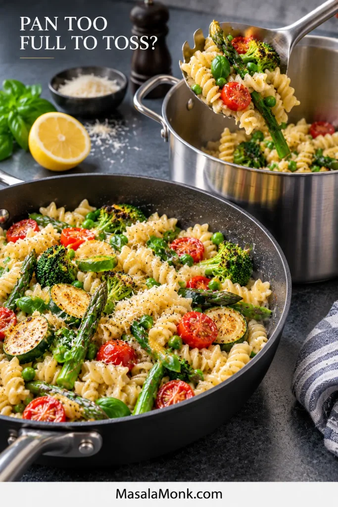 Nearly finished Pasta Primavera being transferred from a full sauté pan into a larger stainless-steel pasta pot to create room for tossing.