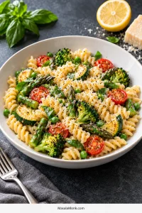 White bowl of creamy fusilli Pasta Primavera with small broccoli florets, short asparagus pieces, browned zucchini half-moons, peas, halved cherry tomatoes, basil and finely grated Parmesan.
