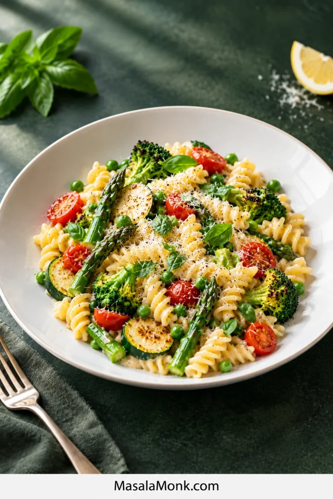 Elegantly plated fusilli Pasta Primavera with broccoli, short asparagus, browned zucchini, peas, cherry tomatoes, basil and Parmesan on white porcelain against a deep green background.