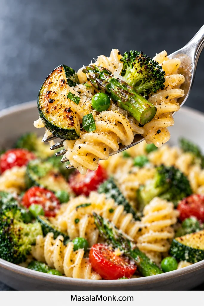 Close-up forkful of glossy fusilli with browned zucchini, broccoli, short asparagus and a pea above a bowl of Pasta Primavera.