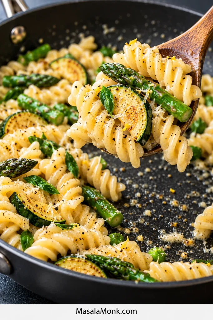 Glossy fusilli and vegetables lifted from a skillet with the exposed pan surface showing only a thin coating of sauce underneath.