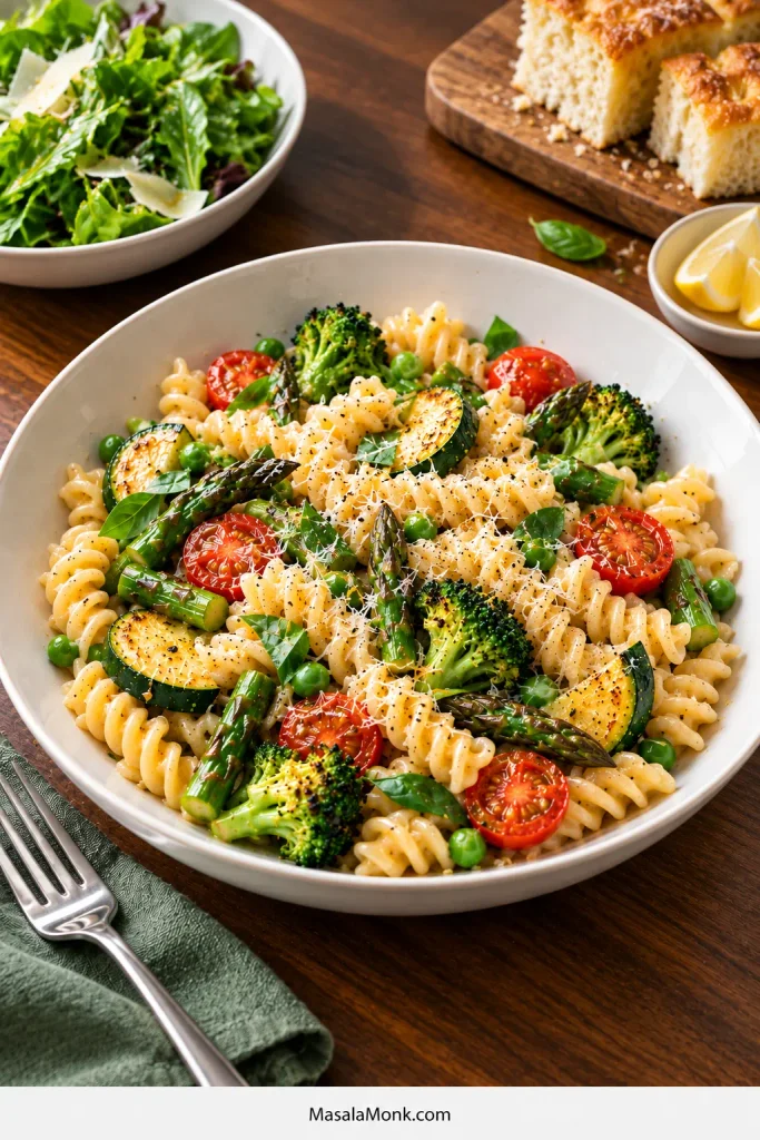 Bowl of Pasta Primavera on a walnut table served with a simple green salad, pieces of focaccia and lemon wedges.