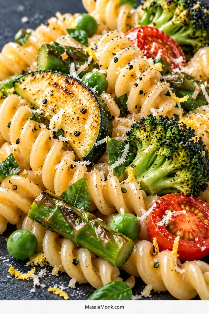 Extreme close-up of glossy fusilli with browned zucchini half-moon, broccoli, short asparagus, peas, halved cherry tomato, basil, Parmesan and lemon zest.