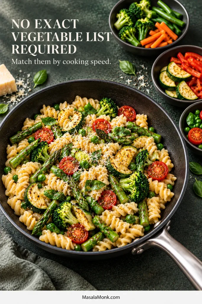 Skillet of Pasta Primavera surrounded by small groups of firmer, medium-cooking and quick-cooking vegetables representing possible substitutions.
