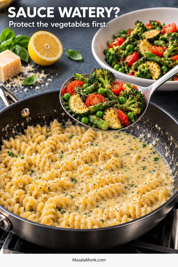 Cooked broccoli, short asparagus, browned zucchini, peas and cherry tomatoes being lifted away from fusilli sitting in a loose creamy sauce.