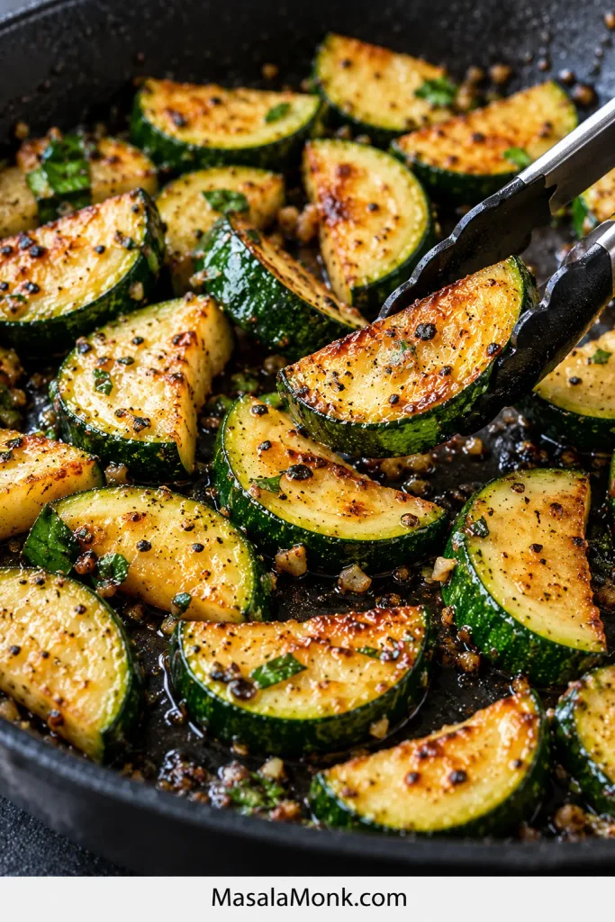Close-up of golden-browned zucchini half-moons in a dark skillet, with one plump piece held by metal tongs.