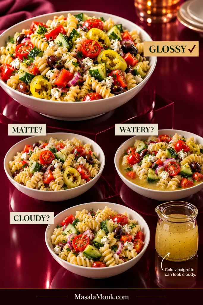 Pasta salad comparison with one large glossy bowl and smaller bowls labeled matte, watery and cloudy, plus a jar showing chilled vinaigrette with a slightly cloudy appearance.