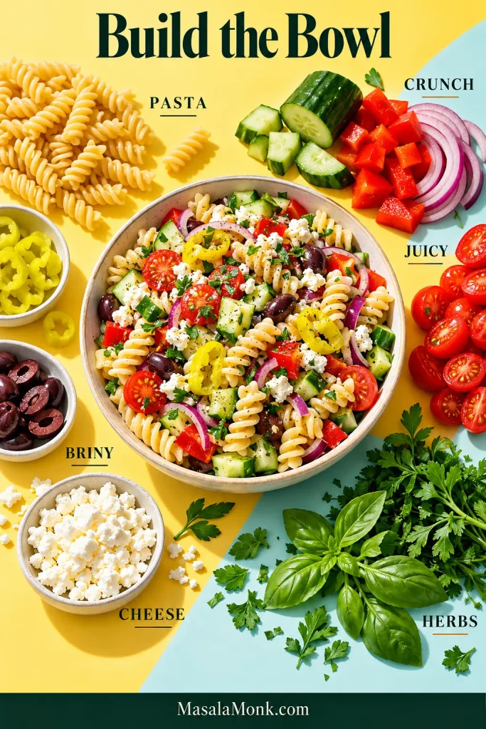 Finished pasta salad surrounded by ingredient groups labeled pasta, crunch, juicy, briny, cheese and herbs.