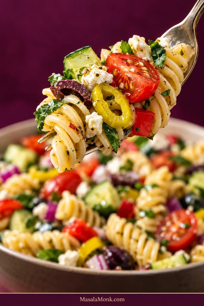 Close-up of a fork lifting rotini pasta salad with cucumber, cherry tomato, crumbled feta, pepperoncini and herbs, with the salad bowl softly blurred behind.
