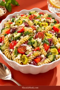 Rotini pasta salad in a white bowl with cucumber, halved cherry tomatoes, bell pepper, red onion, pepperoncini, Kalamata olives, crumbled feta and fresh herbs coated in vinaigrette.