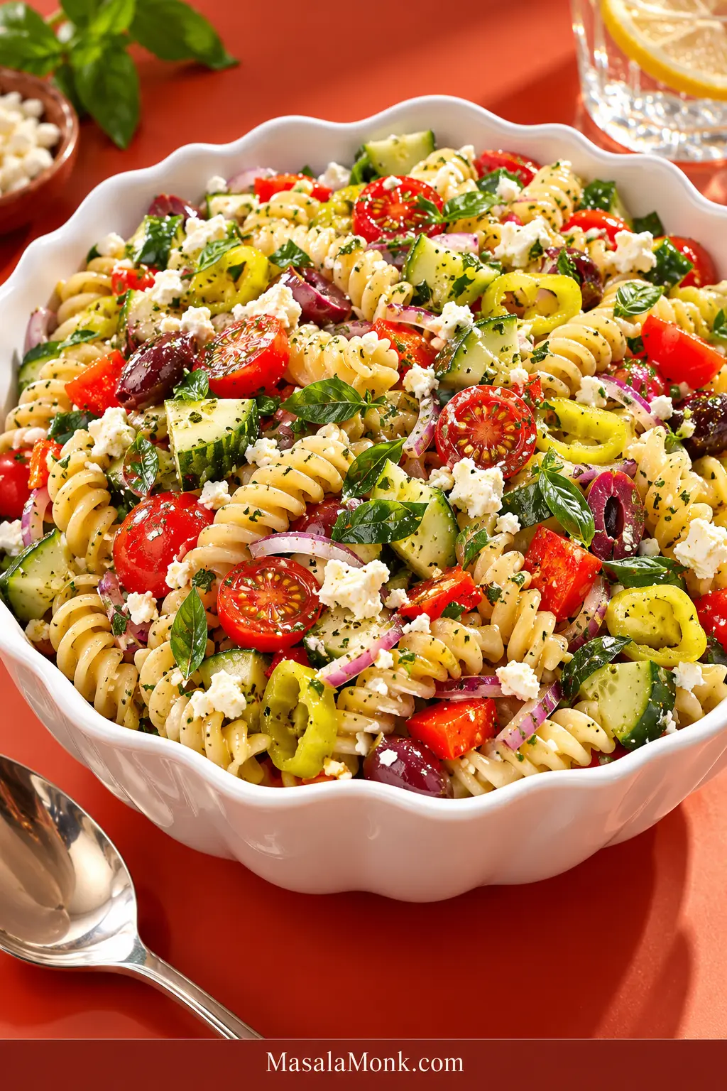Rotini pasta salad in a white bowl with cucumber, halved cherry tomatoes, bell pepper, red onion, pepperoncini, Kalamata olives, crumbled feta and fresh herbs coated in vinaigrette.