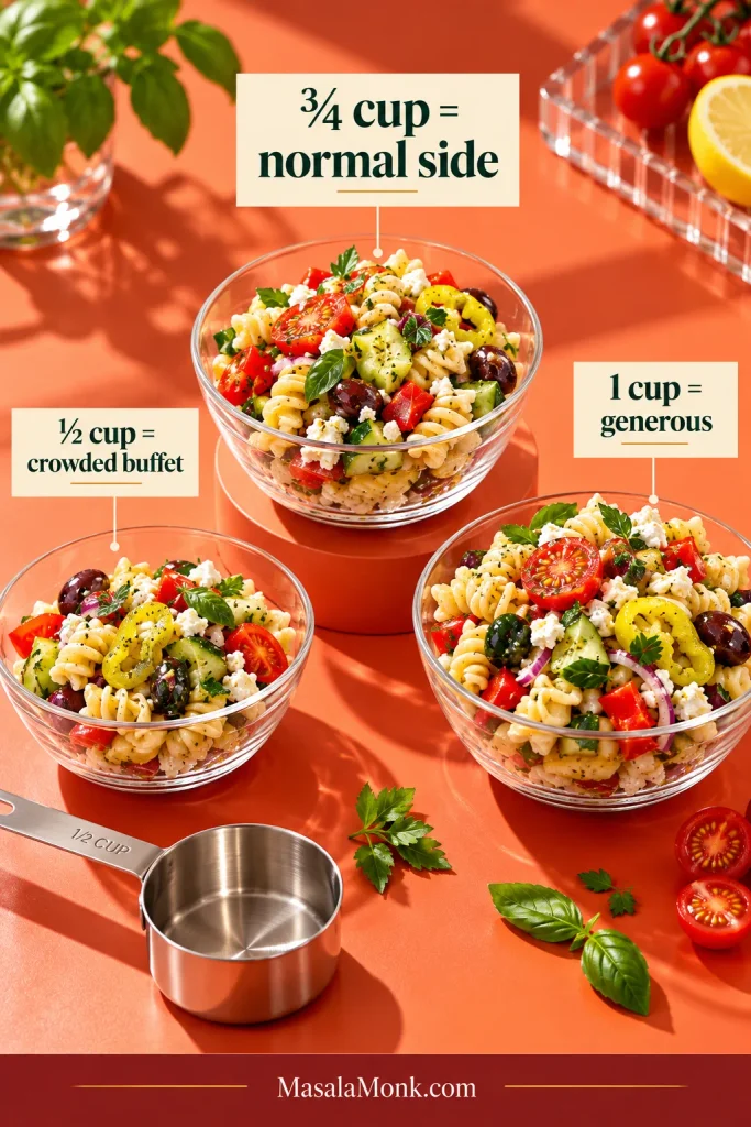 Three clear bowls showing one-half cup, three-quarters cup and one cup of pasta salad, with the three-quarter-cup portion emphasized as the normal side serving.