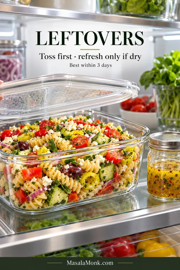 Covered glass container of leftover rotini pasta salad on a refrigerator shelf beside a small jar of vinaigrette. Text reads “Leftovers,” “Toss first · refresh only if dry” and “Best within 3 days.”