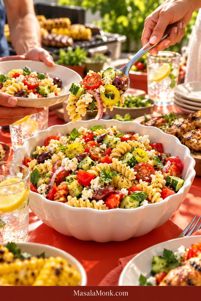 Hands serving rotini pasta salad from a large white bowl at a sunny outdoor cookout with grilled corn, chicken, plates and chilled drinks around the table.
