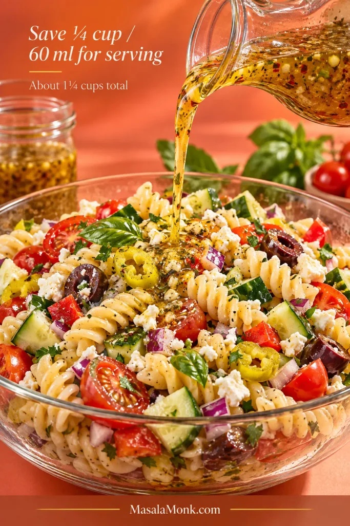 Golden herb vinaigrette being poured over rotini pasta salad with cucumber, tomatoes, pepperoncini, feta and herbs. Text says to save 1/4 cup, or 60 milliliters, for serving.