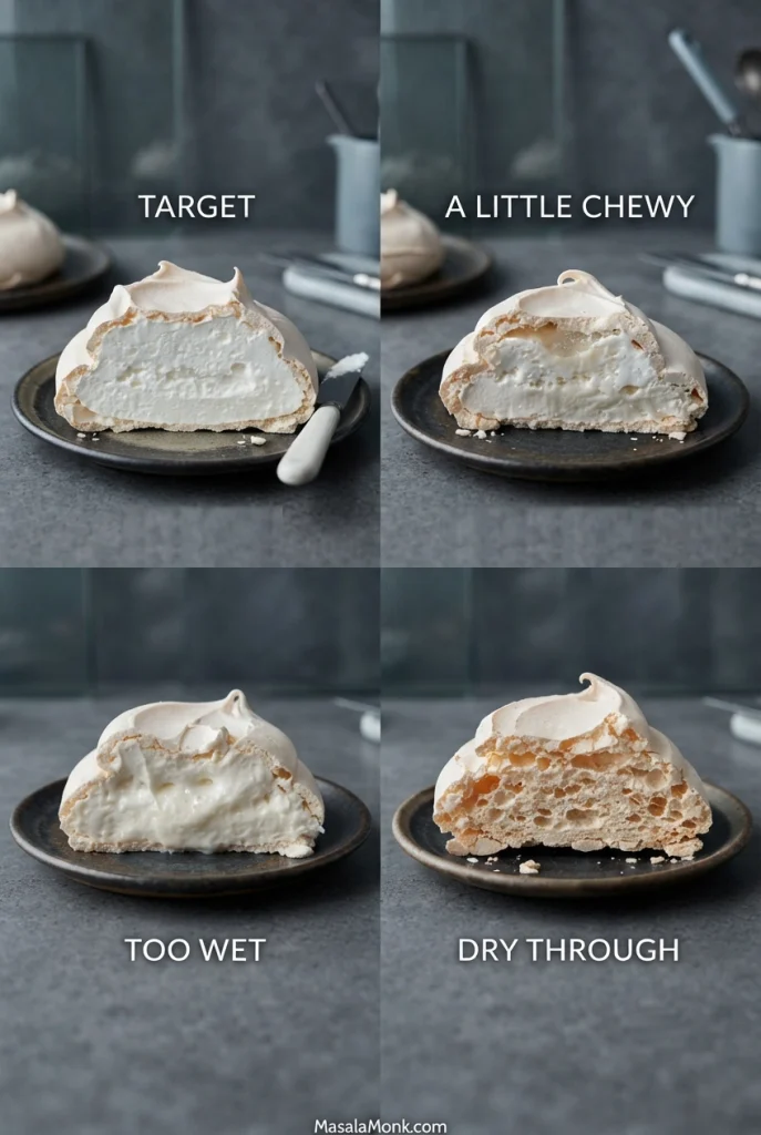 Four cut Pavlovas compare a soft target center with chewier, wet under-set and completely dry center textures.