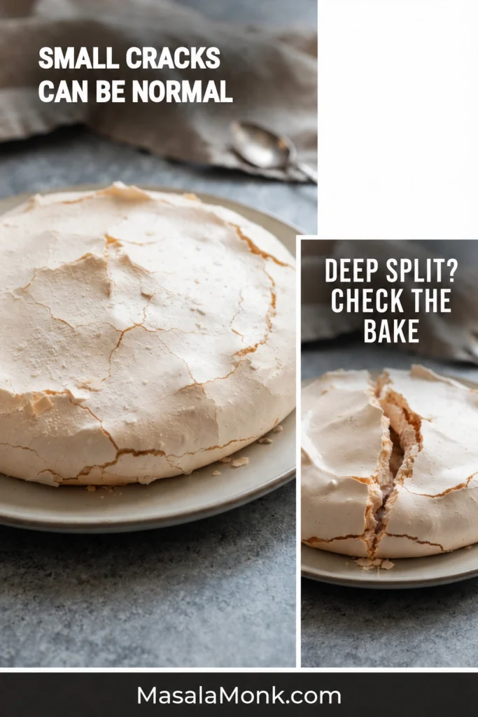 Two Pavlovas compare fine surface cracks with a deep structural split opening through the shell.