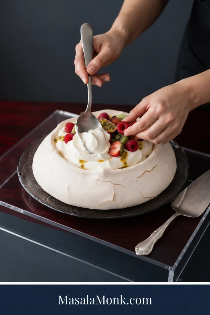 Hands spooning whipped cream and arranging raspberries on a Pavlova topped with strawberries, kiwi and passion fruit.